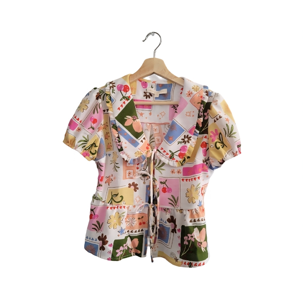 NWOT MONTEAU Los Angeles Tie-front Blouse Puff Sleeve Cottagecore - Size S